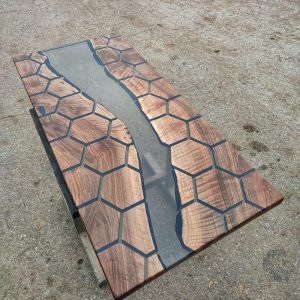 Transparent hexagon honeycomb epoxy dining table, custom order walnut epoxy desk, conference table,meeting table