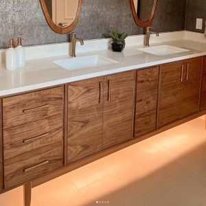 Handmade Mid Century 96" Custom Wood Bathroom Vanity Cabinet, Dual Sink 4 Door 9 Drawer, USA Made