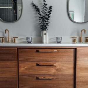 Handmade Mid Century 72" Custom Wood Bathroom Vanity Cabinet, Dual Sink 2 Door 3 Drawer, USA Made