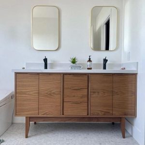 Handmade Mid Century 60" Custom Wood Bathroom Vanity Cabinet, Dual Sink 4 Door 3 Drawer, USA Made