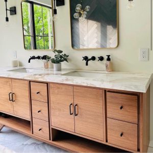 Handmade Mid Century 96" Bathroom Vanity Cabinet, Dual Sink 4 Door 7 Drawer with Towel Storage, USA Made