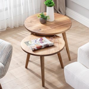 Solid Walnut Coffee Table Set, Mid Century Modern Round Coffee Tables, Wooden Side Table Set, Nesting Table, Minimalist Living Room Decor
