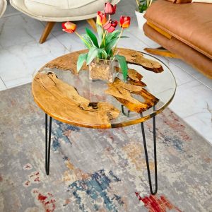 Personalized Epoxy Resin Coffee Table Walnut Wood Round Live Edge Resin Table Custom Epoxy Coffee Table