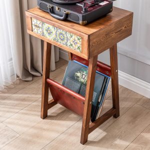 Record Player Stand with Tiled Drawer, Leather Storage, Vinyl LP Cabinet, Record Player Console, Wooden Turntable Stand, End Table,