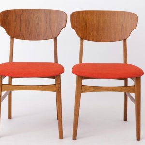 2 of 5 Danish Dining Chairs – Teak & Oak, 1960s, Red-Orange Upholstery
