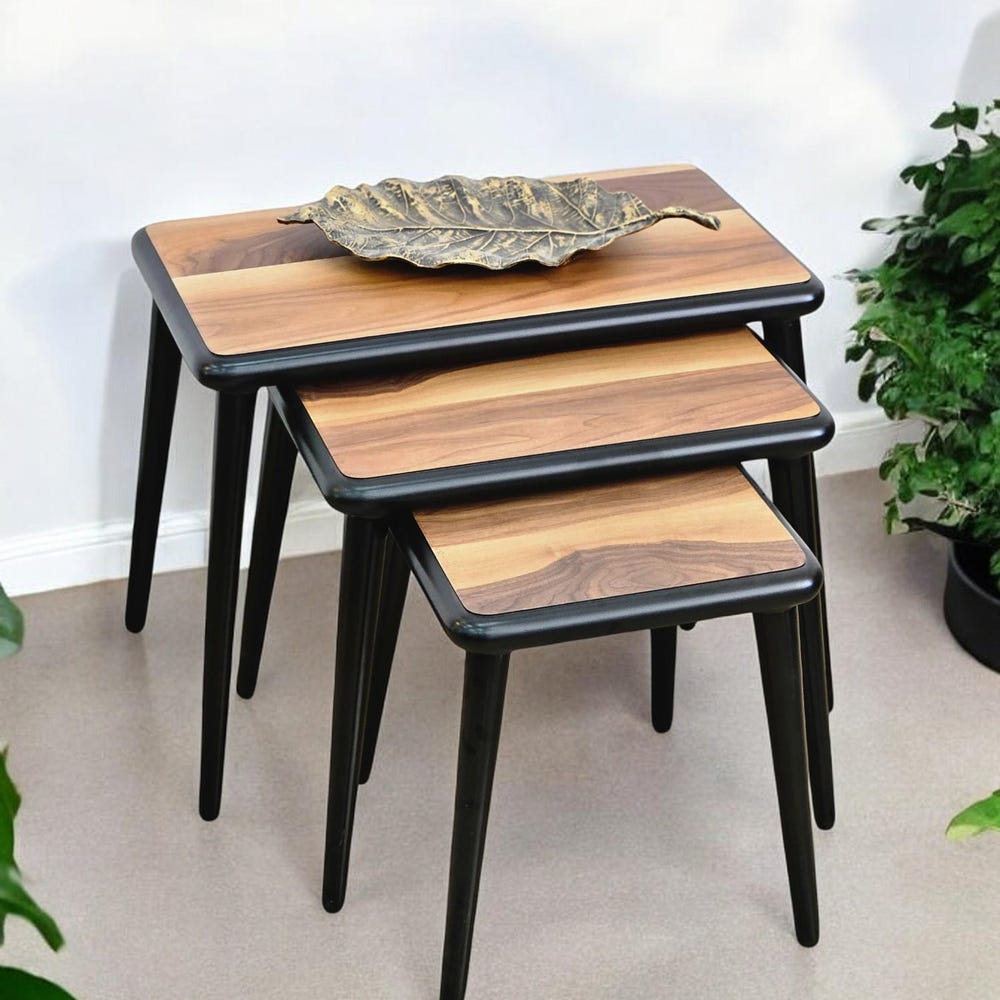 Nest of Tables Set of 3 Walnut Solid Wood Nesting Side Tables Modern Farmhouse Coffee & End Table Set - Image 5