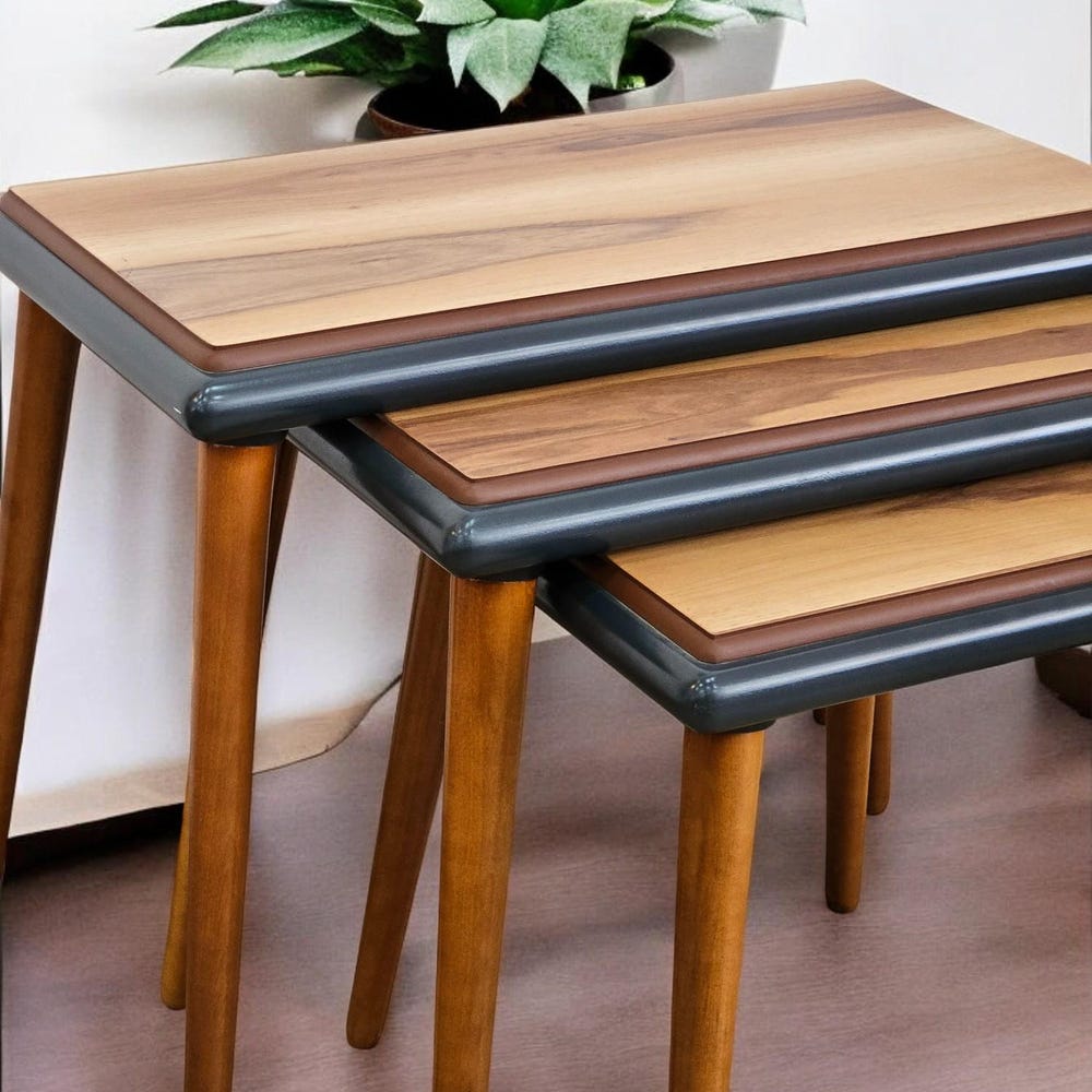 Wooden Nesting Coffee Tables Set of 3, Rustic Solid Wood End & Coffee Tables, Modern Minimalist Living Room Furniture - Image 4