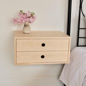Floating Nightstand with Double Drawers in Solid Maple,  Scandinavian Modern Bedside Table