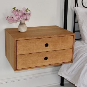 Floating Nightstand with Double Drawers in White Oak, Modern Bedside Table