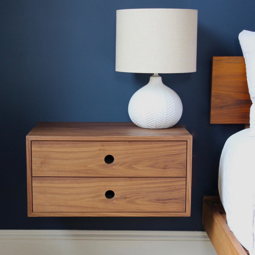 Floating Nightstand with Double Drawers in Walnut / Mid Century Modern Bedside Table