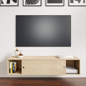 Solid Maple Floating Media Console Table with Sliding Doors, TV Stand