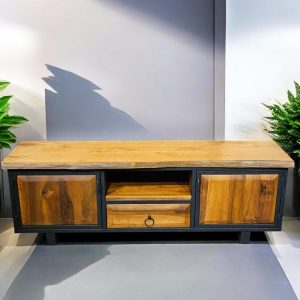 Walnut Wood Farmhouse Media Stand - Rustic TV Console & Storage Cabinet for Living Room Decor