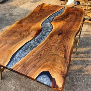 Gray epoxy live edge walnut wood table top, resin river kitchen table tap,reclaimed wood desk
