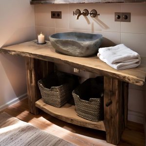 Wooden Rustic Live Edge Bathroom Vanity – Handcrafted Unique Solid Wood – Custom Farmhouse Furniture Single or Double Sinks with Storage