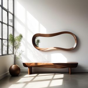 Real Walnut Wooden Frame Mirror,  Asymmetrical Mirror, Irregular Mirror,  Bathroom Mirror, Vanity Mirror, Wavy Mirror, Home Decor Mirror