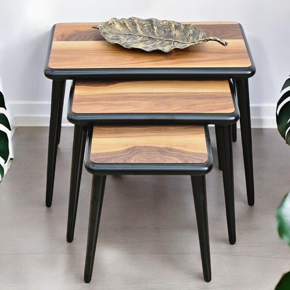 Nest of Tables Set of 3 Walnut Solid Wood Nesting Side Tables Modern Farmhouse Coffee & End Table Set - Image 3