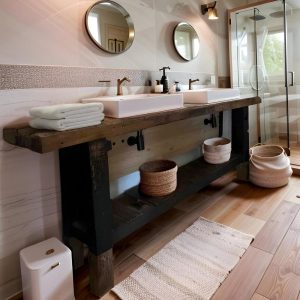 Custom Handmade Rustic Wooden Bathroom Vanity | Farmhouse Style Sink Shelf | Live Edge Handcrafted Unique Wood Table | Mid Century Cabinet
