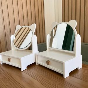 Children's Vanity Table with Mirror - Wooden Kids Makeup Desk, Cat or Bear-Shaped Mirror, Personalized Engraving, Perfect Gift for Girls