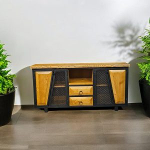 Modern Walnut 4-Door Console - Unique Natural Wooden Storage Cabinet with Metal Accents