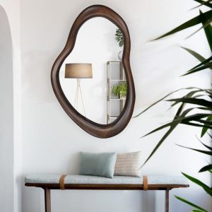 Real Walnut Wooden Frame Mirror,  Asymmetrical Mirror, Irregular Mirror,  Bathroom Mirror, Vanity Mirror, Wavy Mirror, Home Decor Mirror