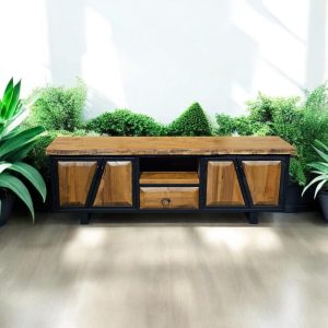 Walnut Wood TV Unit Rustic Media Console & Farmhouse Wooden TV Stand Storage Cabinet