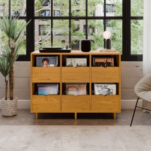 Record Credenza with Pull-Out Drawers in Solid American Cherry