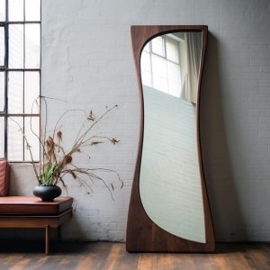 MDF Wooden Walnut Veneer Frame Long Mirror,  Asymmetrical Mirror, Irregular Mirror,  Bathroom Mirror, Vanity Mirror, Home Decor Mirror