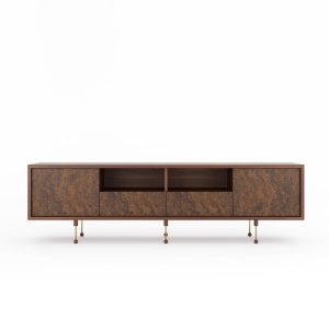Long walnut TV stand with two walnut burl doors and drawers in Mid Century Modern style, sideboard, media console, credenza, cabinet