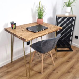 Live Edge rustic Desk with Gold Hairpin legs : Solid Wood Home Office Furniture, Kitchen and Dining Table, Reclaimed Wood