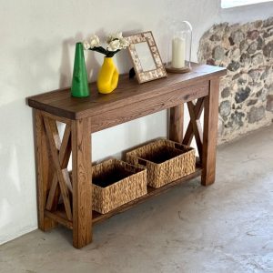 X Style Custom Console Table with Shelf, Reclaimed Oak Entryway Console, Oak Entry Table, Rustic Console Table