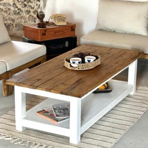 Large Rustic Farmhouse Coffee Table with White Reclaimed Oak Shelf