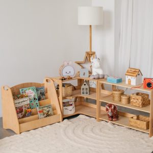 il_1000x1000.6444062526_oj5u.jpg Corner 3 Tier Shelf for Nursery, Preschool Classroom Shelves, Montessori Furniture, Toy Storage, Playroom Space Organization, Kids Bookshelf