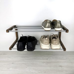Wall Mounted Wooden Shoe Rack | 2 Tier Small Shoe Shelf for Entryway | Minimalistic Wood and Metal Shoe Organizer