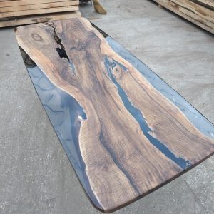 Rustic Walnut Table with Unique Wavy Epoxy Design,Handcrafted Smoked Epoxy Dining Room Table - Perfect for Family Gatherings