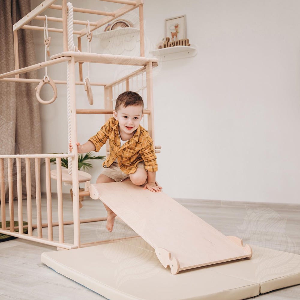 Scandinavian Wooden Climbing Tower, Montessori Indoor Play Gym for Toddlers, Non-Toxic Climbing Set with Ramp, Ladder, Swings, and Play Mat - Image 6
