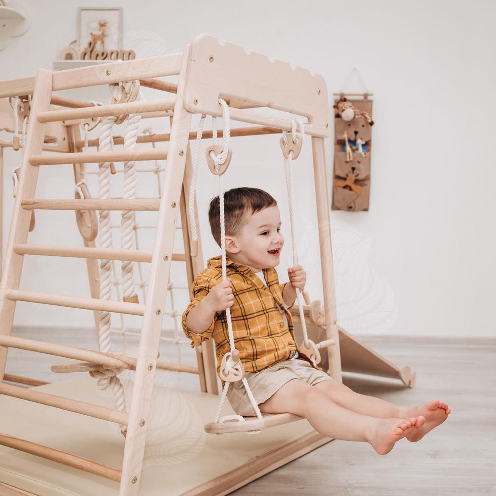 Scandinavian Wooden Climbing Tower, Montessori Indoor Play Gym for Toddlers, Non-Toxic Climbing Set with Ramp, Ladder, Swings, and Play Mat - Image 3