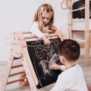 Kids Two-Sided Easel Desk, Montessori Chalkboard & Desk for Climbing Triangle, Wooden Art Easel for Learning and Play by Woodandhearts
