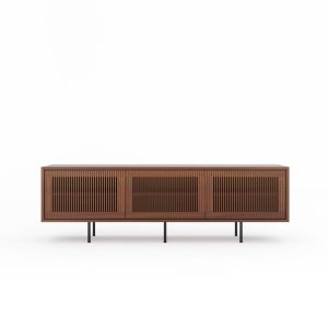 Walnut sideboard TV stand with three slatted doors in mid century modern style, credenza, dresser, commode, media console, vinyl storage