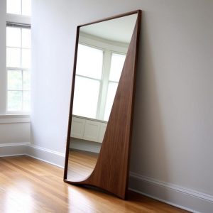 MDF Wooden Walnut Veneer Frame Long Mirror,  Asymmetrical Mirror, Irregular Mirror,  Bathroom Mirror, Vanity Mirror, Home Decor Mirror