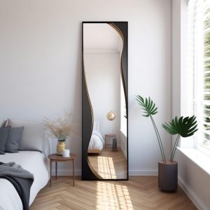 MDF Wooden Walnut Veneer Frame Long Mirror,  Asymmetrical Mirror, Irregular Mirror,  Bathroom Mirror, Vanity Mirror, Home Decor Mirror