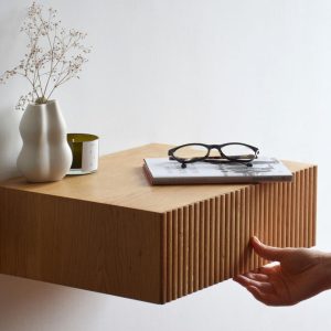 Floating nightstand with FLUTED drawer, made of solid oak