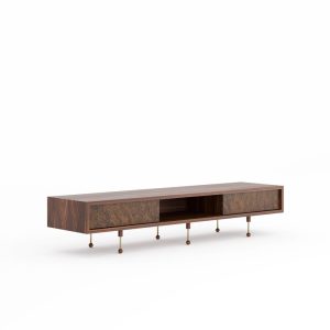 Walnut TV stand with walnut burl drawers in Mid Century Modern style, lowboard, media console, audio storage, for media and TV setup
