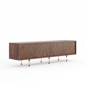 Long walnut sideboard with four walnut burl doors in Mid Century Modern style, TV stand, buffet, credenza, dresser, commode, cabinet