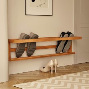 Minimalist Oak Wooden Wall-Mounted Shoe Rack - Modern Space-Saving Shoe Storage for Entryway, Bedroom, or Closet Organization
