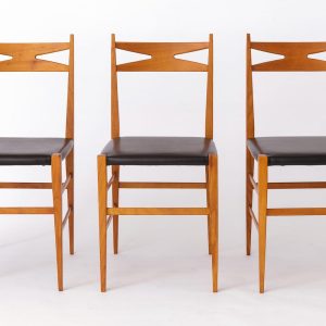 Set of 3 Dining Chairs from the 1970s, Beech Wood, Black Skai Upholstery – Vintage German Mid-Century Modern