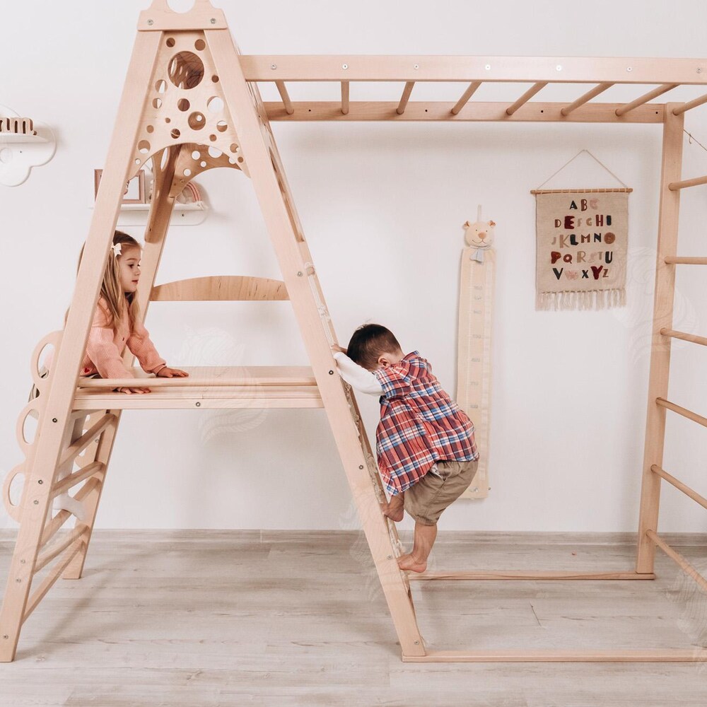 Wood Indoor Climbing Playground for Kids, Montessori Jungle Gym with Slide, Rope Swing, Rings, and Playmat, Active Play for Kids Indoors - Image 9