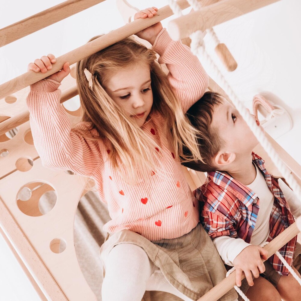 Wood Indoor Climbing Playground for Kids, Montessori Jungle Gym with Slide, Rope Swing, Rings, and Playmat, Active Play for Kids Indoors - Image 8