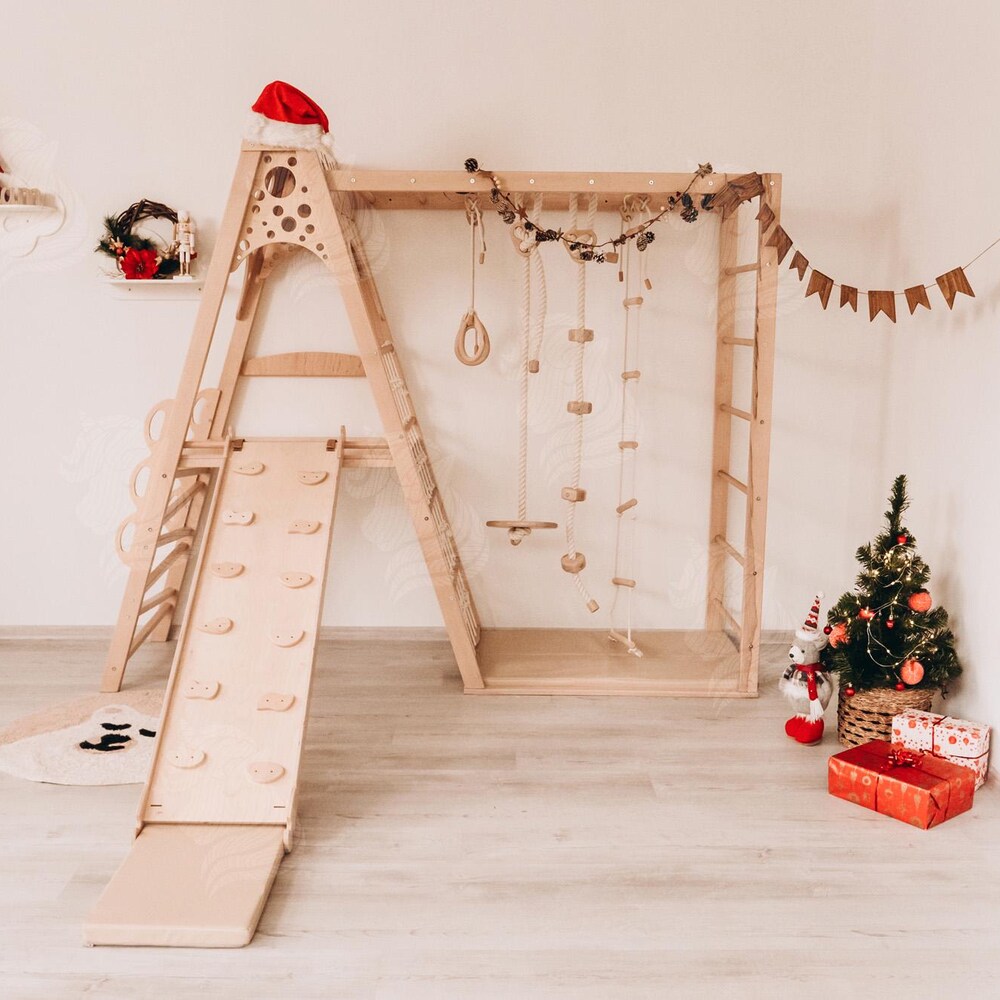 Wood Indoor Climbing Playground for Kids, Montessori Jungle Gym with Slide, Rope Swing, Rings, and Playmat, Active Play for Kids Indoors - Image 10