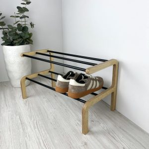 2 Tier Small Wooden Shoe Rack Stand | Space Saving Floor Shoe Storage for Entryway | Free Standing Shoe Shelf for Closet