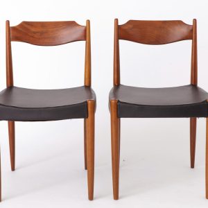 Pair of Vintage Dining Chairs – 1960s Teak Wood, Black Skai Upholstery